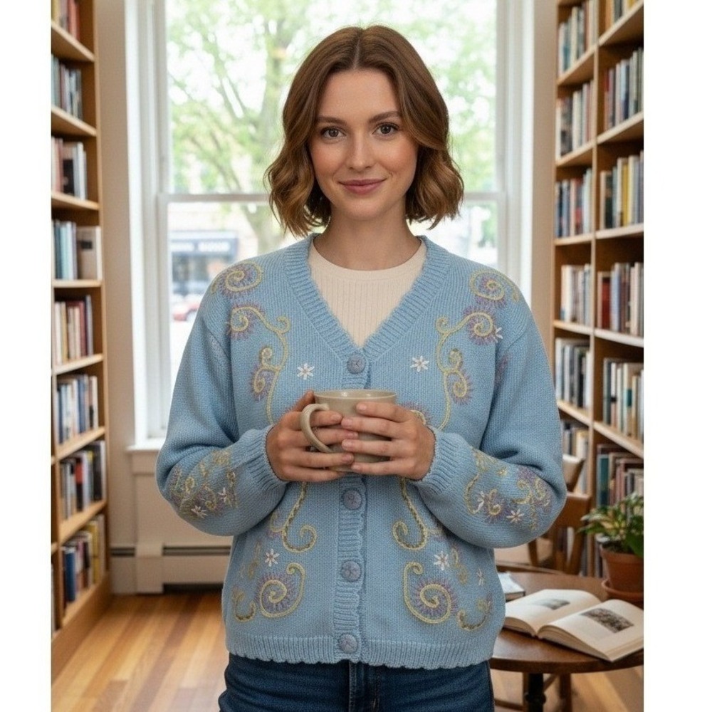 Kindred Spirit Cardigan Sweater Womens Sz S Knit Blue Floral Embroidered Cottage